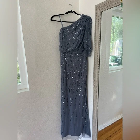 adrianna papell dusty blue dress Blue Jasmine Beaded Blouson Gown With Sheer Short Sleeves main image 1